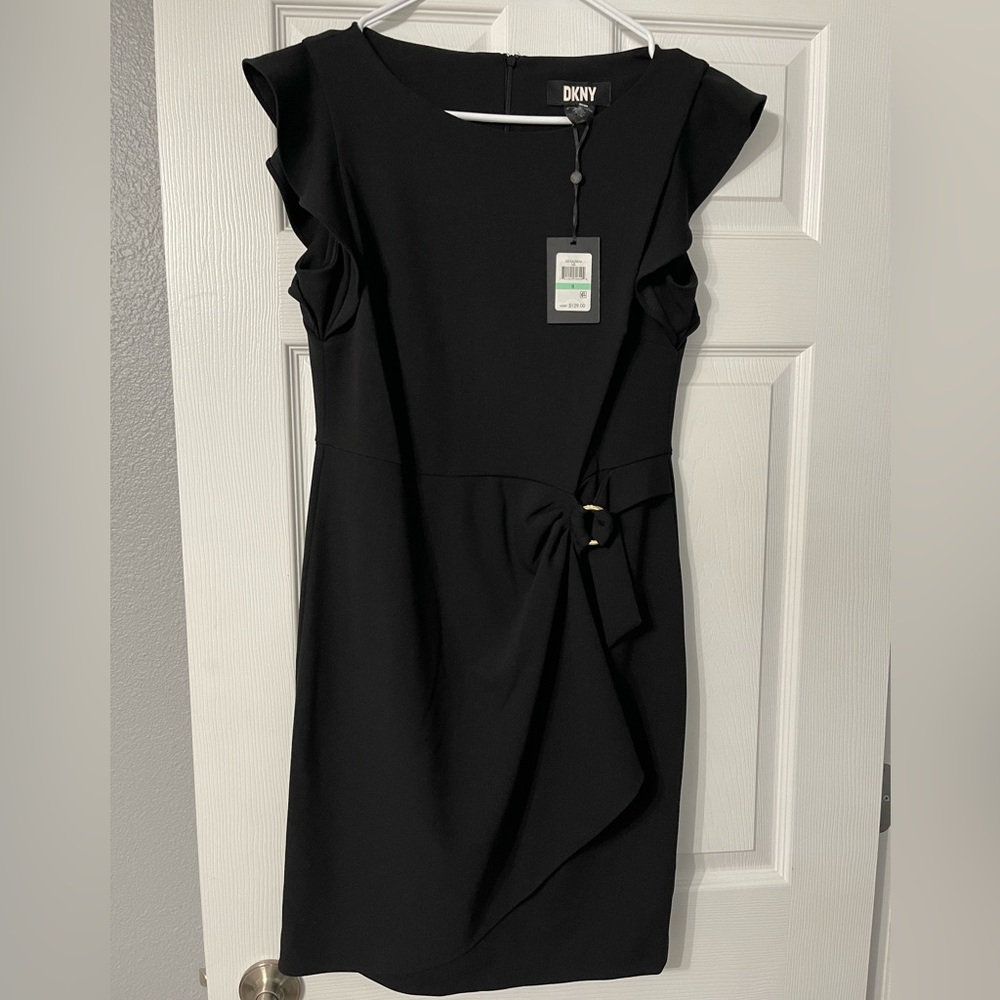 DKNY little black dress with ruffle sleeves and faux wrap design